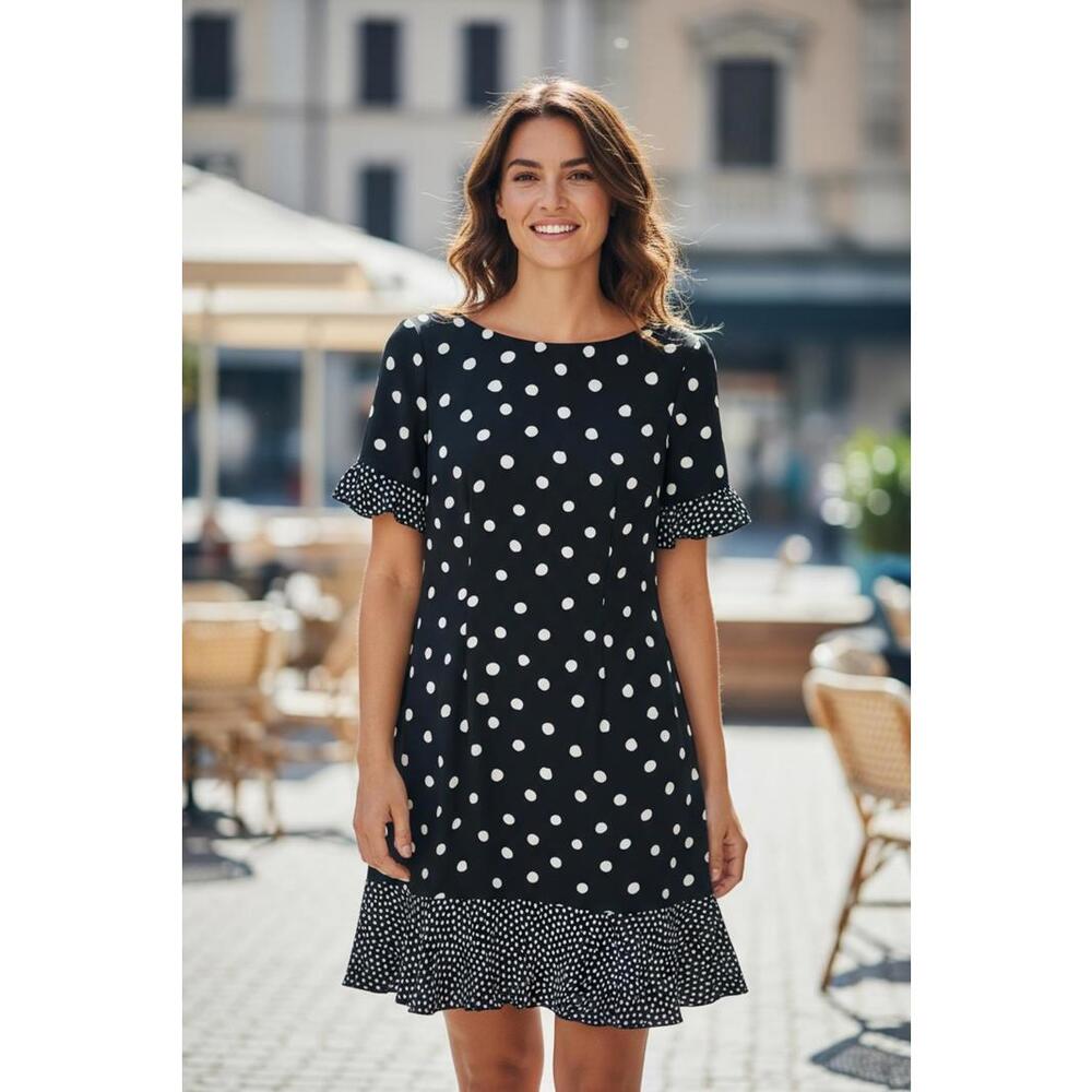 Black and White Talbots Polka Dot Short Sleeve Dress with Ruffle Hem